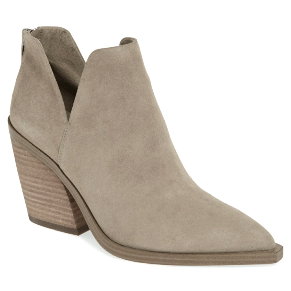 Vince Camuto Suede Ankle boot with slide slit in taupe
